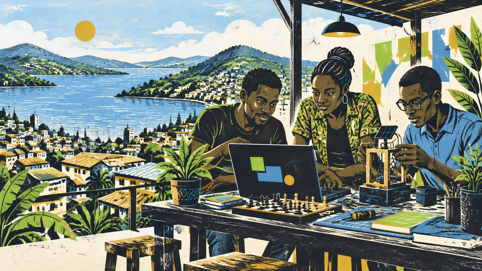 Illustration of young Congolese makers collaborating beside Lake Kivu